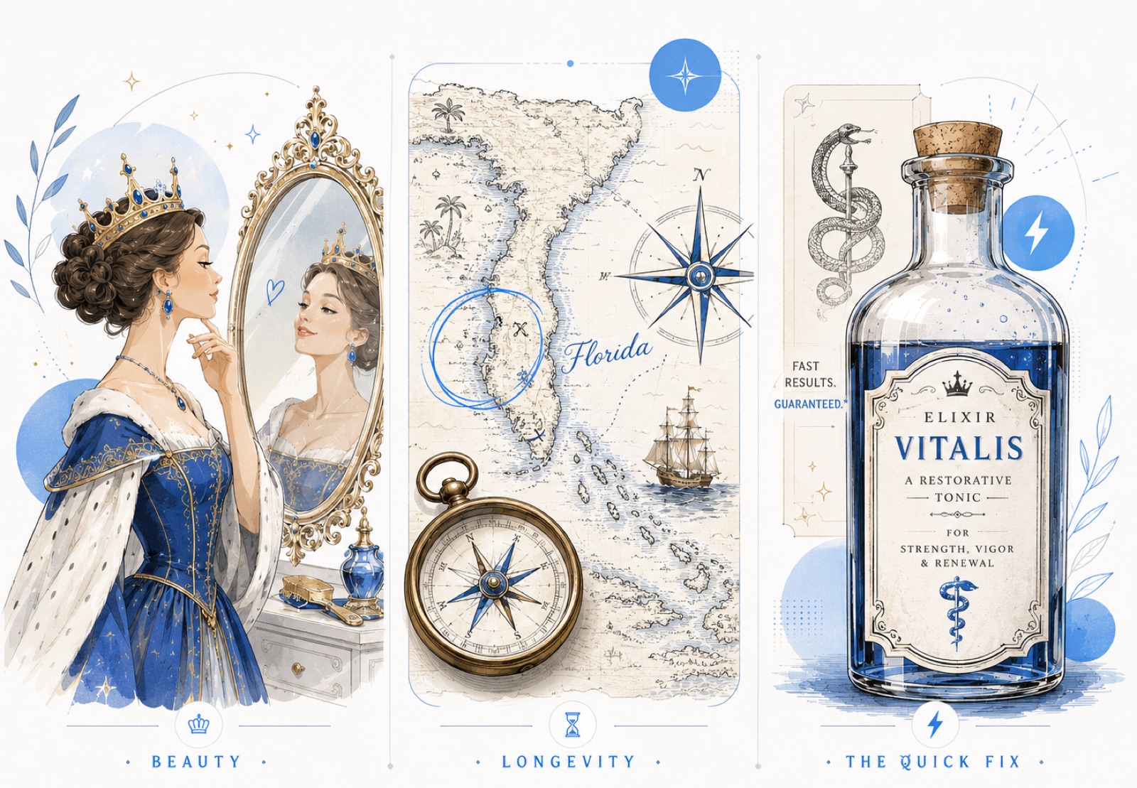 Three illustrated panels—beauty, longevity, and the quick fix