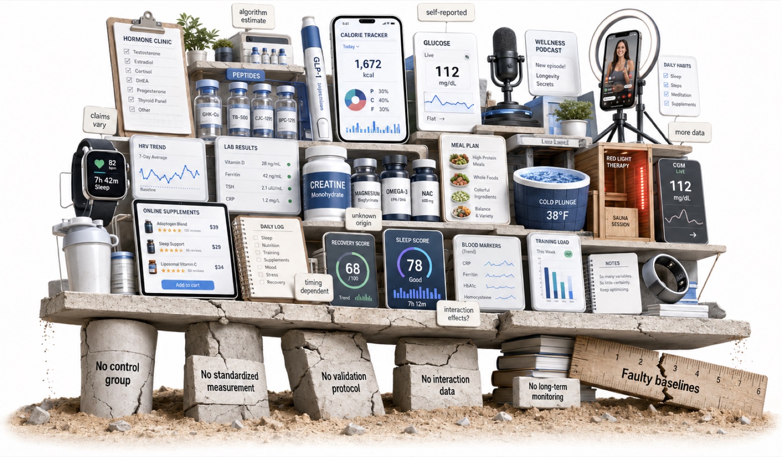 Wearables, supplements, peptides and tracking apps stacked on cracked pillars labelled no control group, no standardized measurement, no validation protocol, faulty baselines